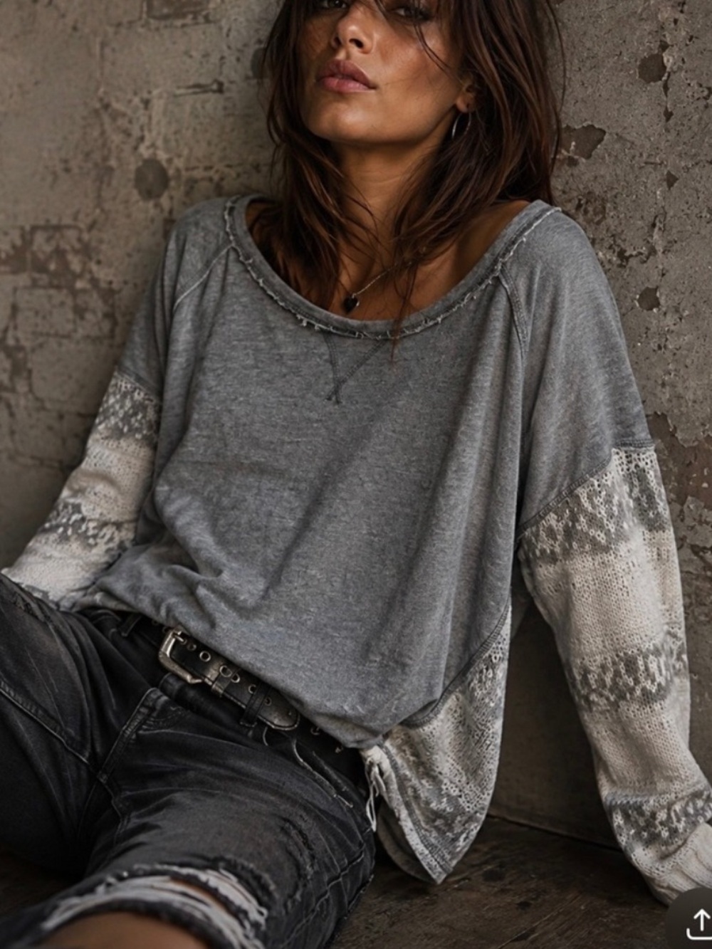 Free People Beautiful Sinner Sweatshirt Sweater Gray Ivory Alpaca Blend Large